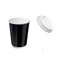 12oz Black Double Wall Paper cups x 500 + White Lids x 500